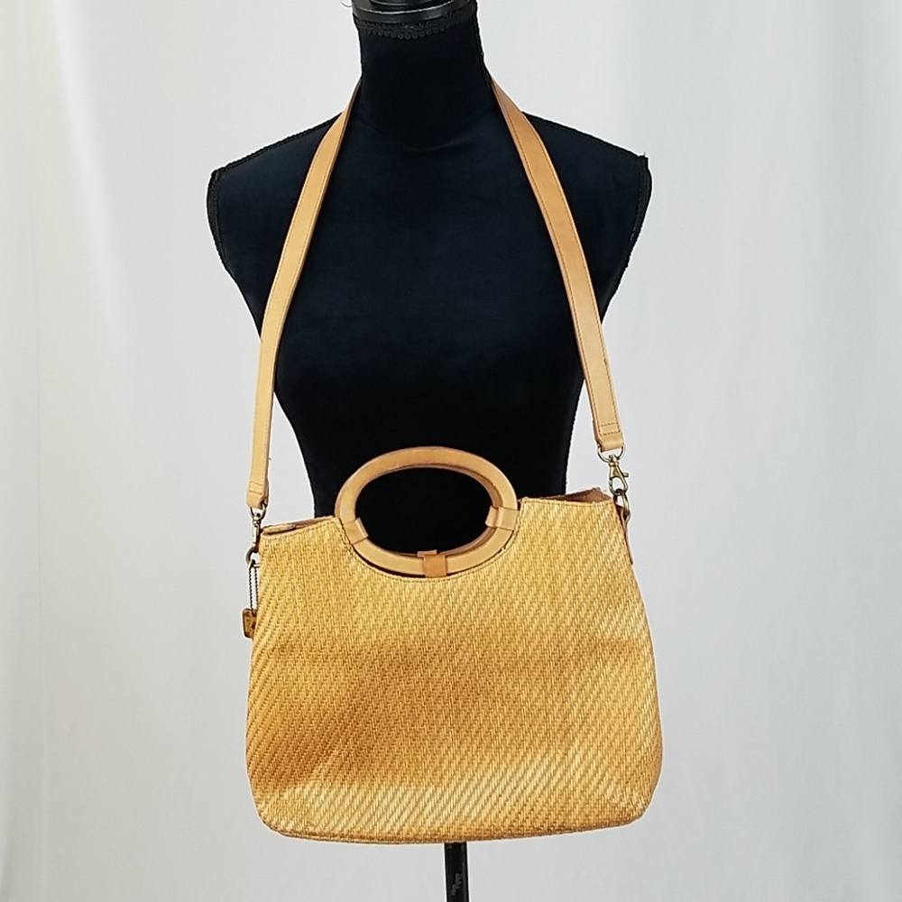 Fossil wood handled wicker woven shoulder bag 75082‎ leather trim earty boho